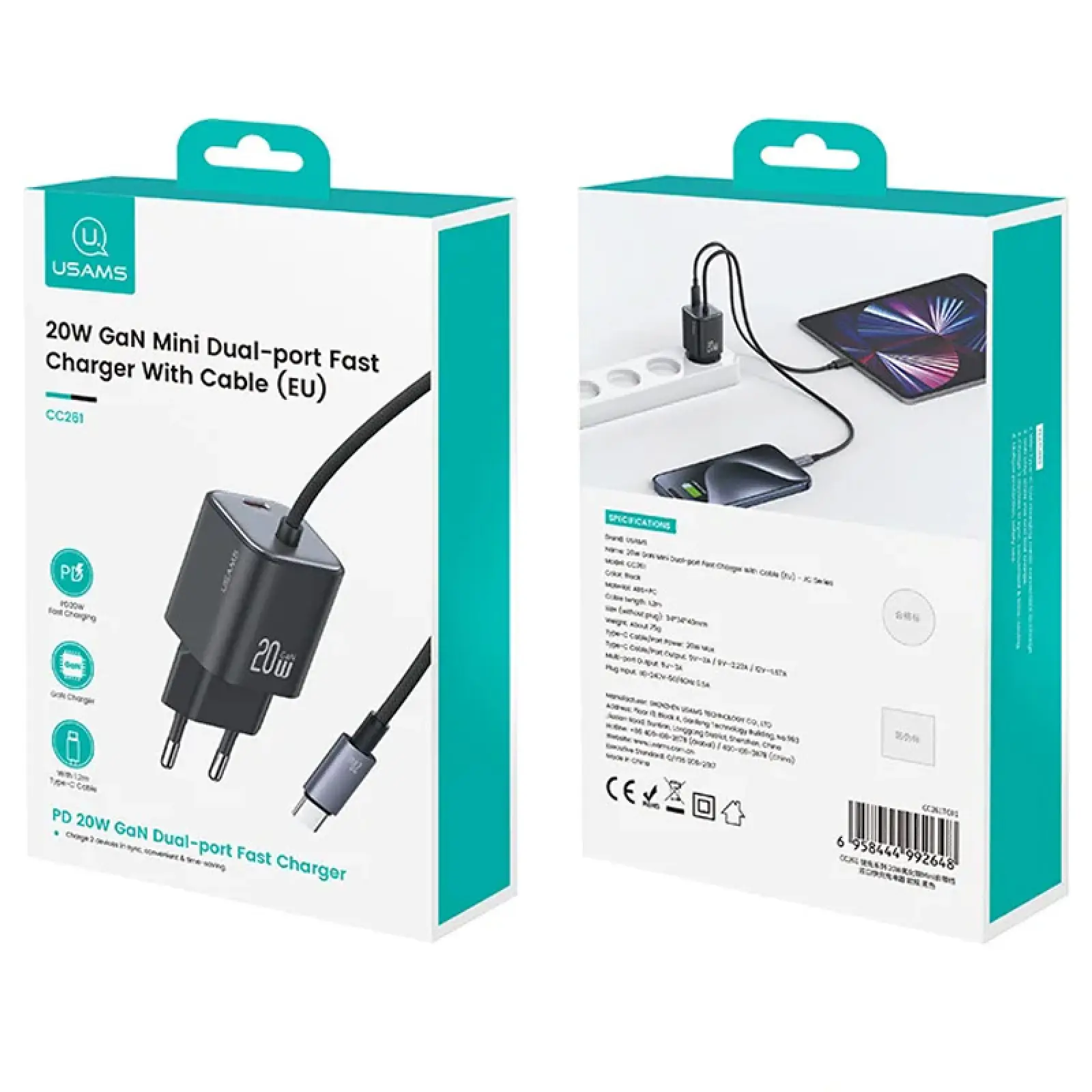 СЗУ Usams US-CC261 GaN JC Ser. 20W (2USB-C) + кабель Type-C to Type-C, Black 3, купить оптом с доставкой