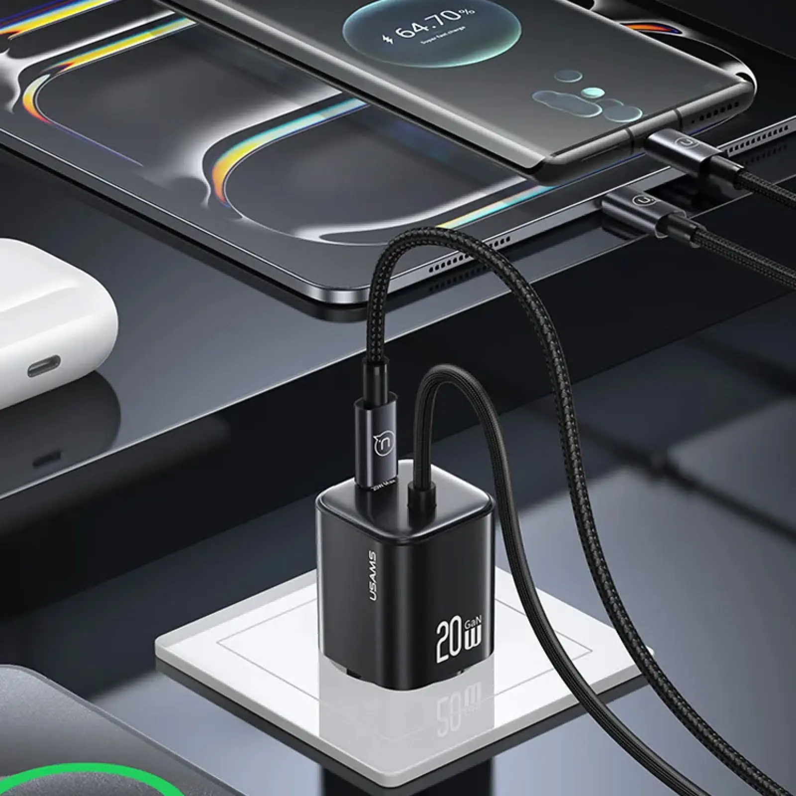 СЗУ Usams US-CC261 GaN JC Ser. 20W (2USB-C) + кабель Type-C to Type-C, Black 4, купить оптом с доставкой