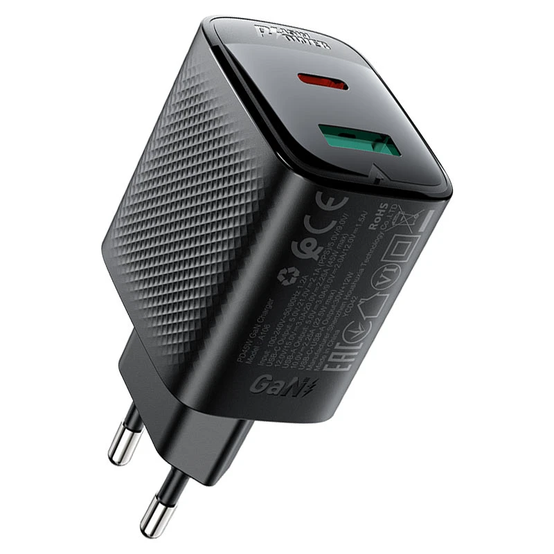 МЗП Acefast A106 GaN PD45W (1USB-A/1C), Black, купити оптом з доставкою