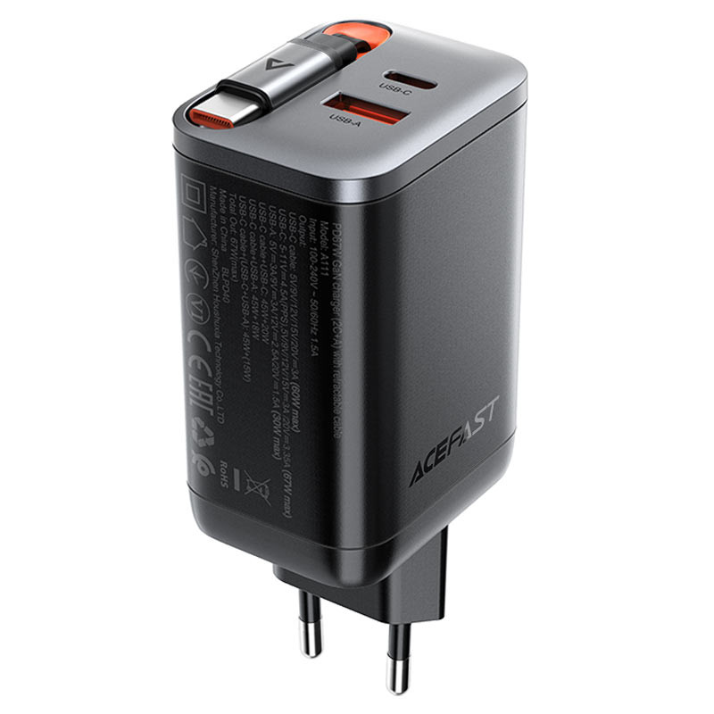 МЗП Acefast A111 GaN With Retractable Cable Type-C PD67W (1USB-A/1C) на малюнкі №2