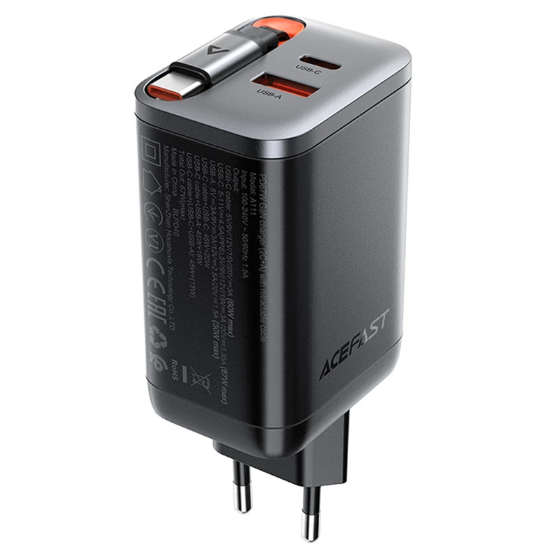 СЗУ Acefast A111 GaN With Retractable Cable Type-C PD67W (1USB-A/1C), Black 1, купить оптом с доставкой