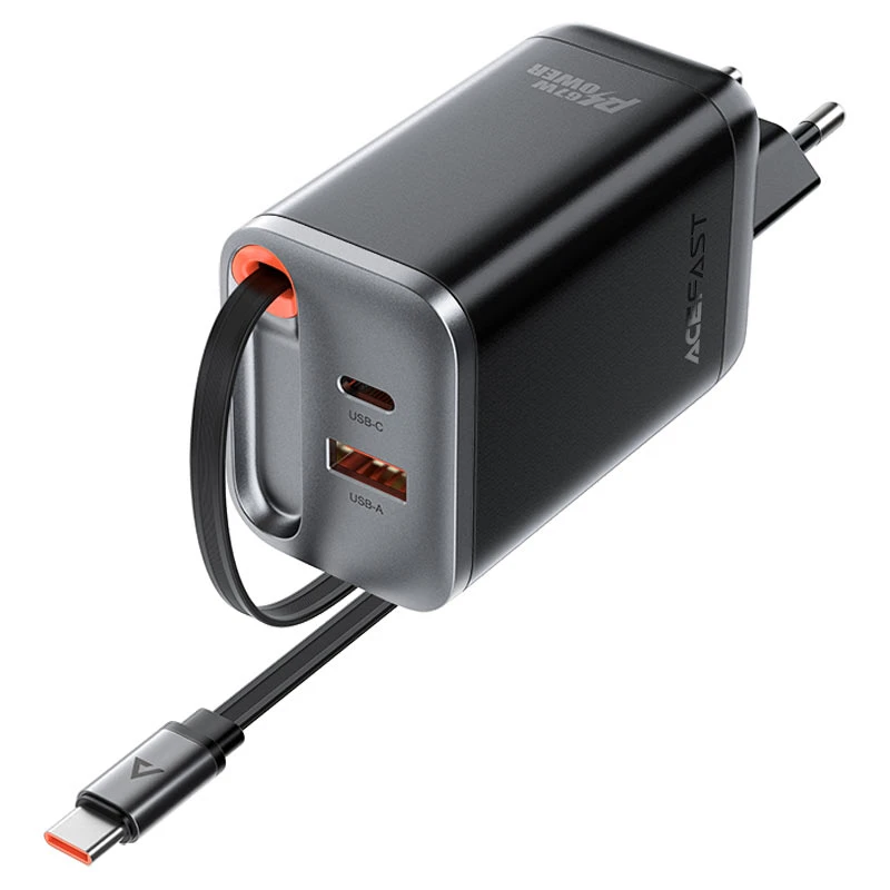 СЗУ Acefast A111 GaN With Retractable Cable Type-C PD67W (1USB-A/1C), Black 2, купить оптом с доставкой