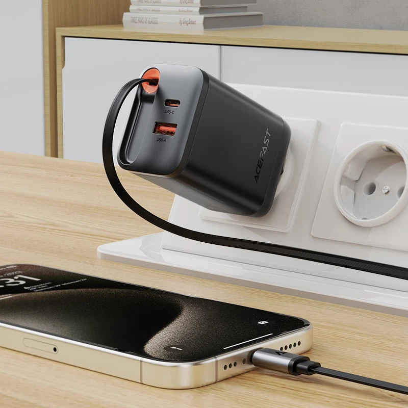 СЗУ Acefast A111 GaN With Retractable Cable Type-C PD67W (1USB-A/1C), Black 3, купить оптом с доставкой