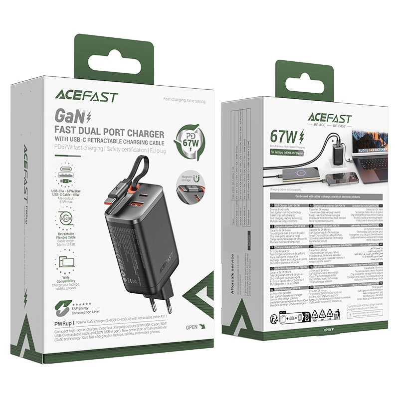 СЗУ Acefast A111 GaN With Retractable Cable Type-C PD67W (1USB-A/1C), Black 5, купить оптом с доставкой