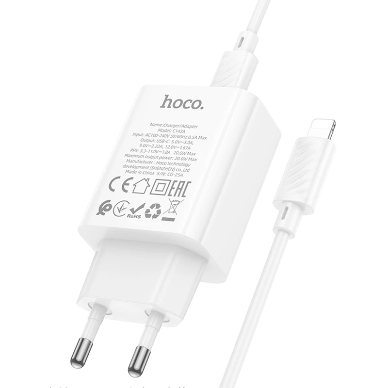 МЗП Hoco C143A Benefit PD20W (1USB-C) + кабель Type-C to Lightning, White 6, купити оптом з доставкою