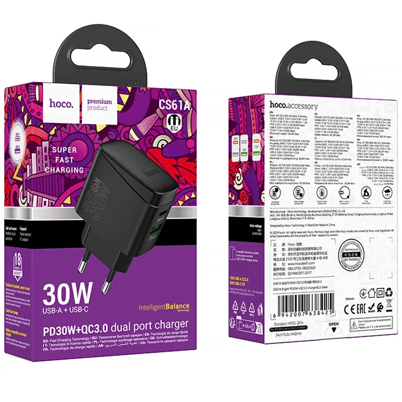 МЗП Hoco CS61A Bright PD30W+QC3.0 (1USB-A/1C), Black 5, купити оптом з доставкою