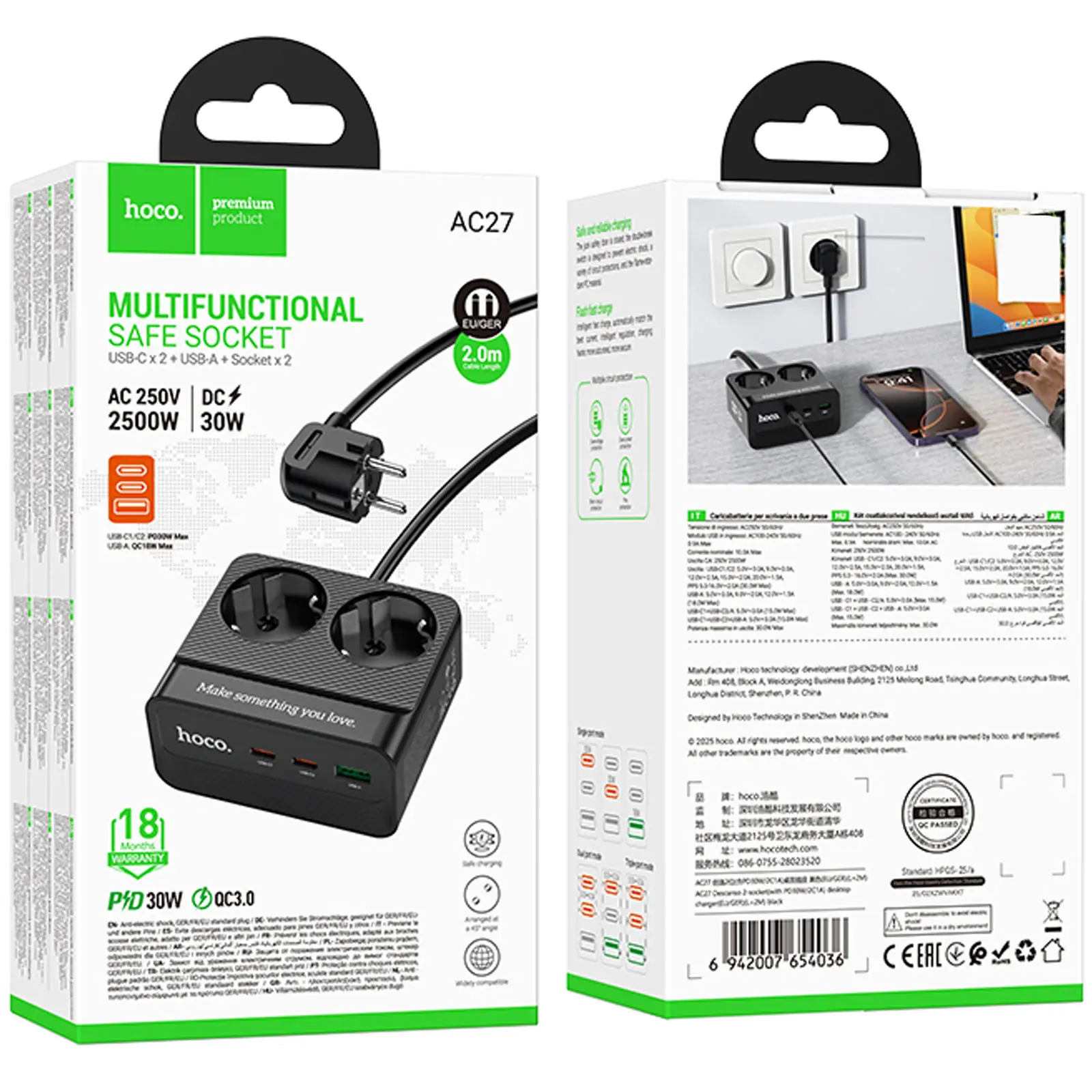 Удлинитель Hoco AC27 Descanso (PD30W/2C/1A/2xSocket) (2m), Black 4, купить оптом с доставкой