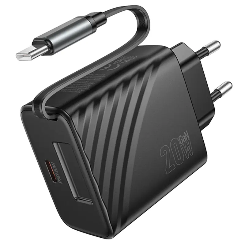 МЗП Hoco N57 Full PD20W with retractable cable Type-C (2USB-C), Black 3, купити оптом з доставкою