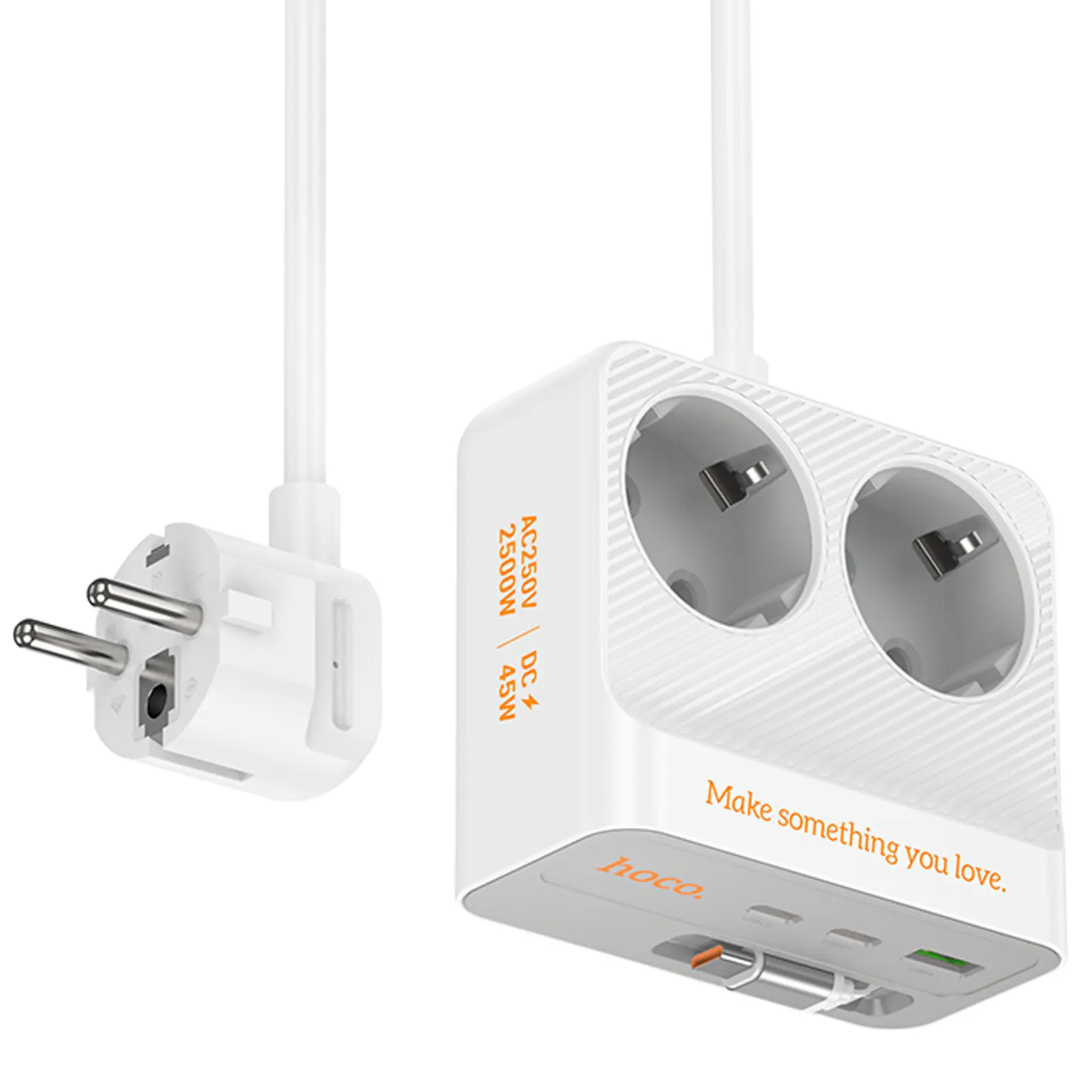 Удлинитель Hoco AC28 Descanso (PD45W/1C/3A/2xSocket) (2m), White 1, купить оптом с доставкой