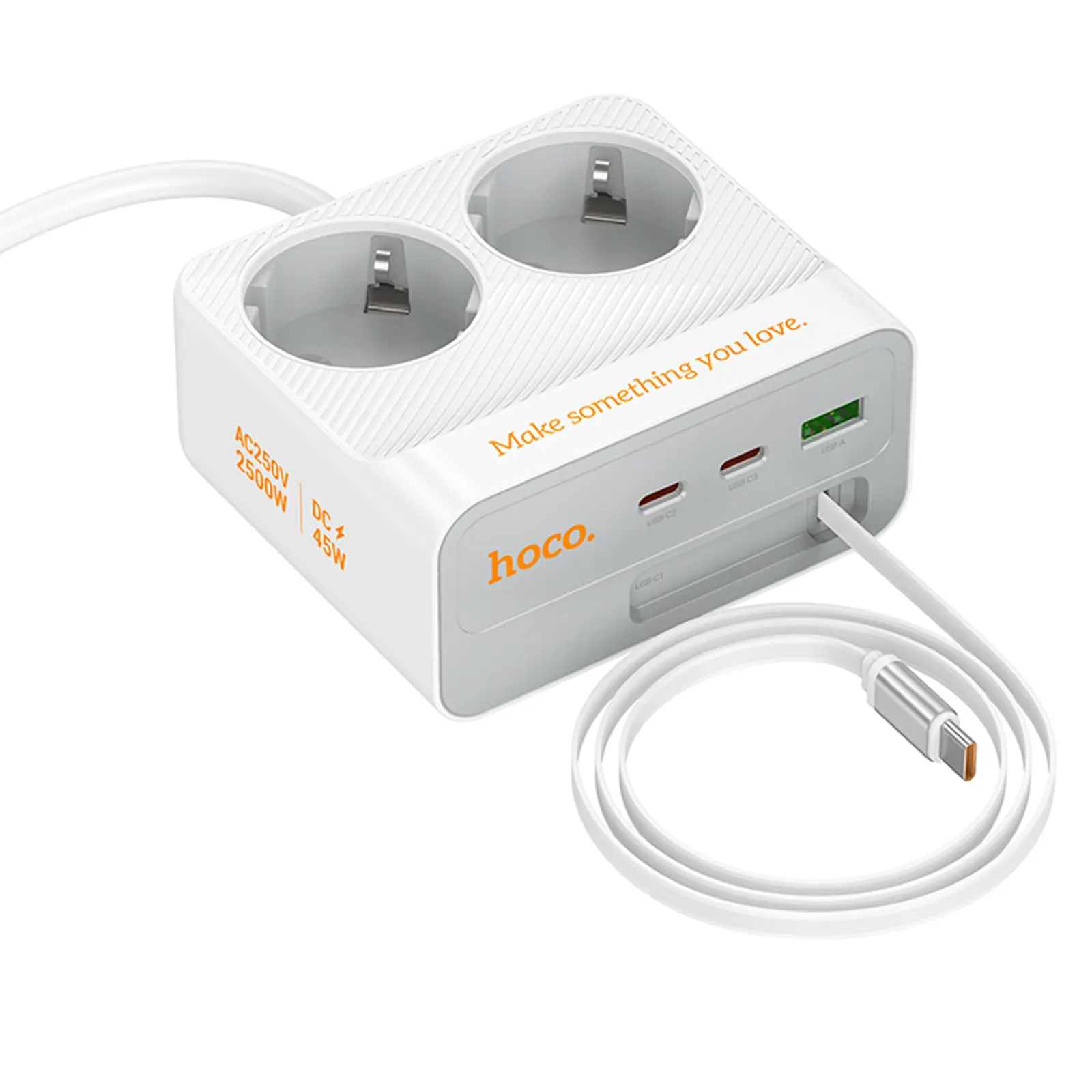 Удлинитель Hoco AC28 Descanso (PD45W/1C/3A/2xSocket) (2m), White 2, купить оптом с доставкой