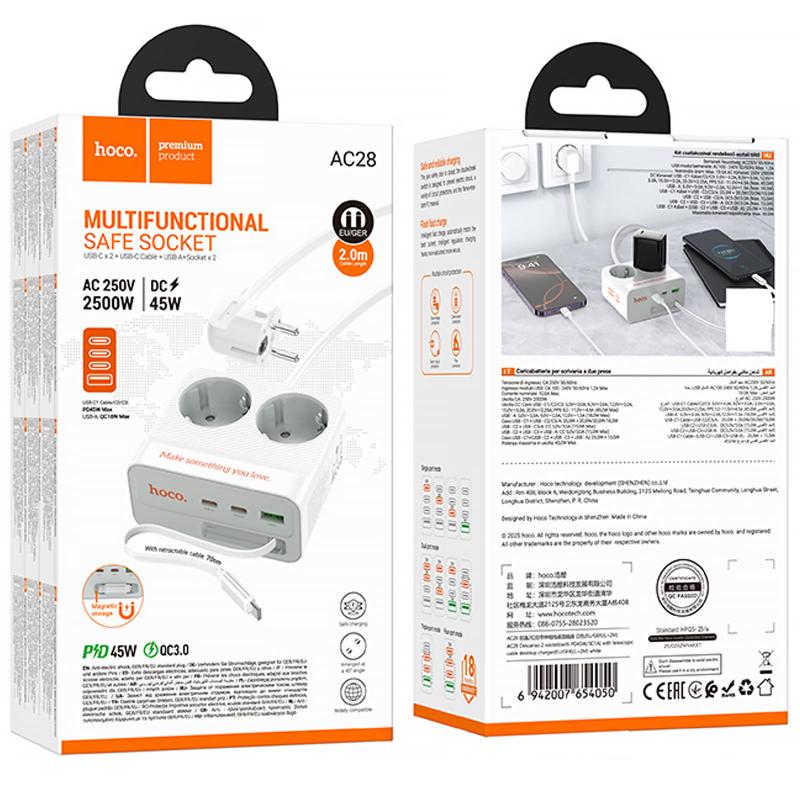 Подовжувач Hoco AC28 Descanso (PD45W/1C/3A/2xSocket) (2m) на малюнкі №6