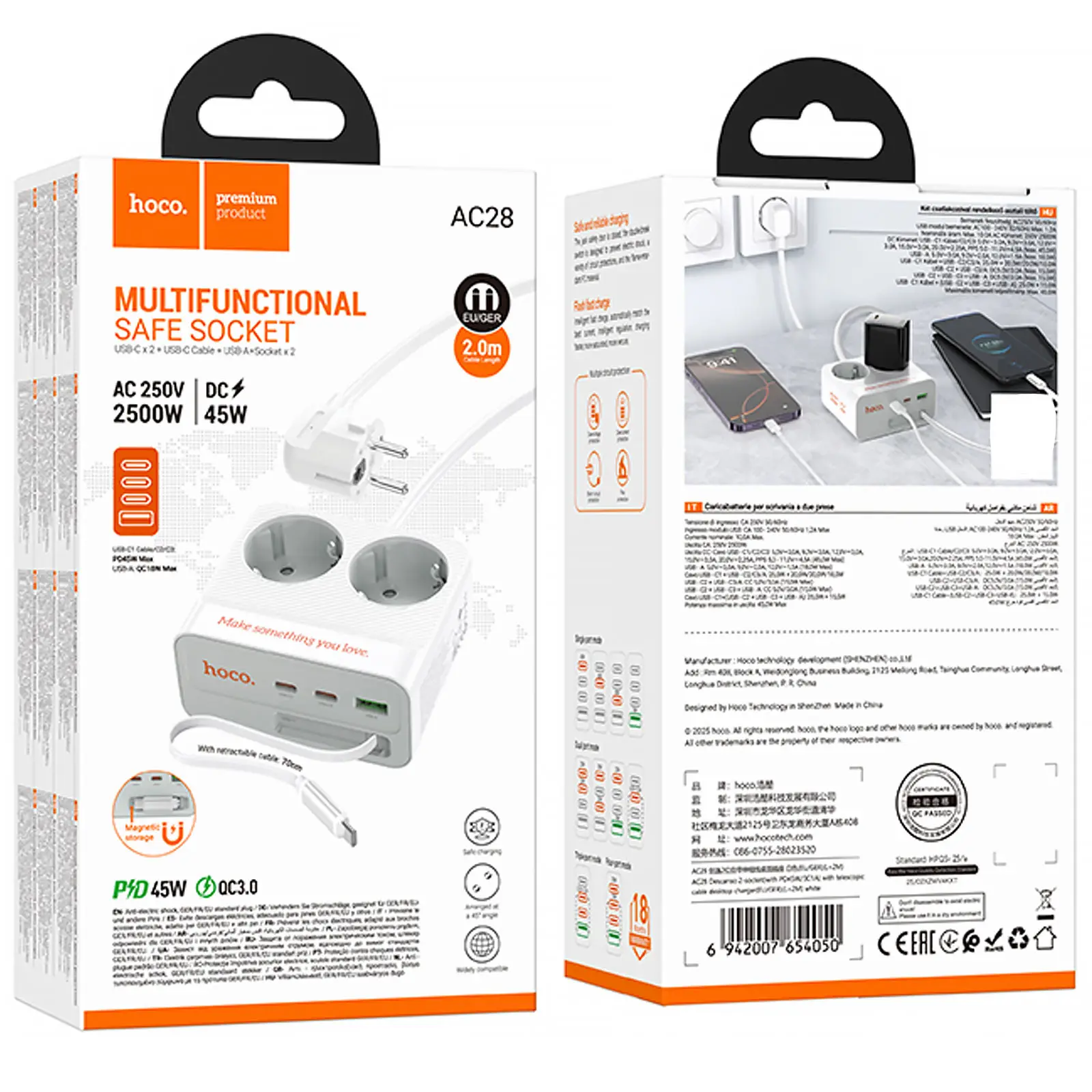 Удлинитель Hoco AC28 Descanso (PD45W/1C/3A/2xSocket) (2m), White 5, купить оптом с доставкой