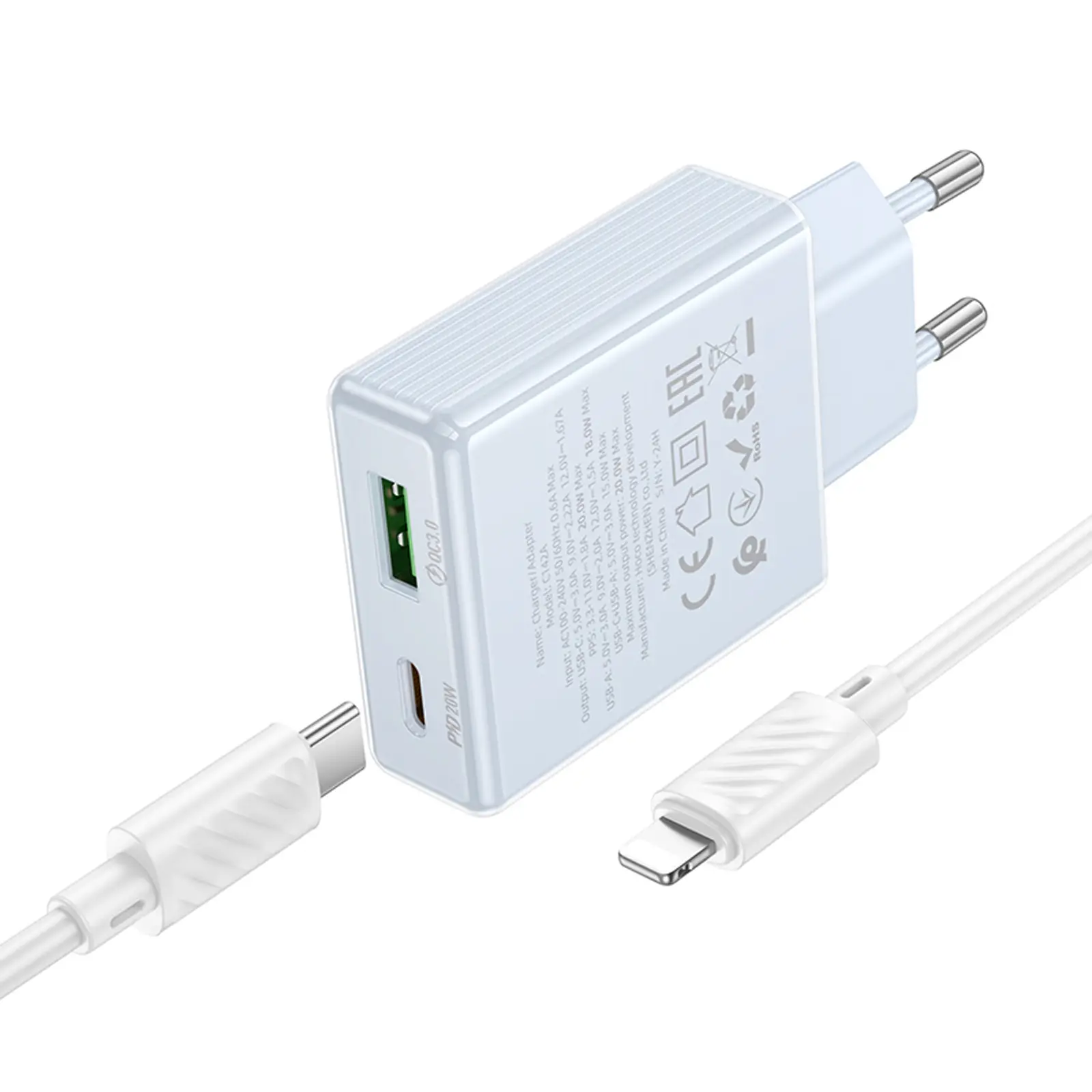 СЗУ Hoco C142A Direct PD20W+QC3.0 (1USB-A/1C) + кабель Type-C to Lightning, Blue 2, купить оптом с доставкой