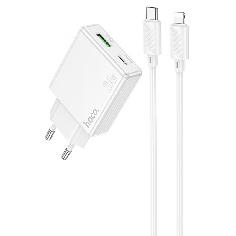 МЗП Hoco C142A Direct PD20W+QC3.0 (1USB-A/1C) + кабель Type-C to Lightning на малюнкі №1