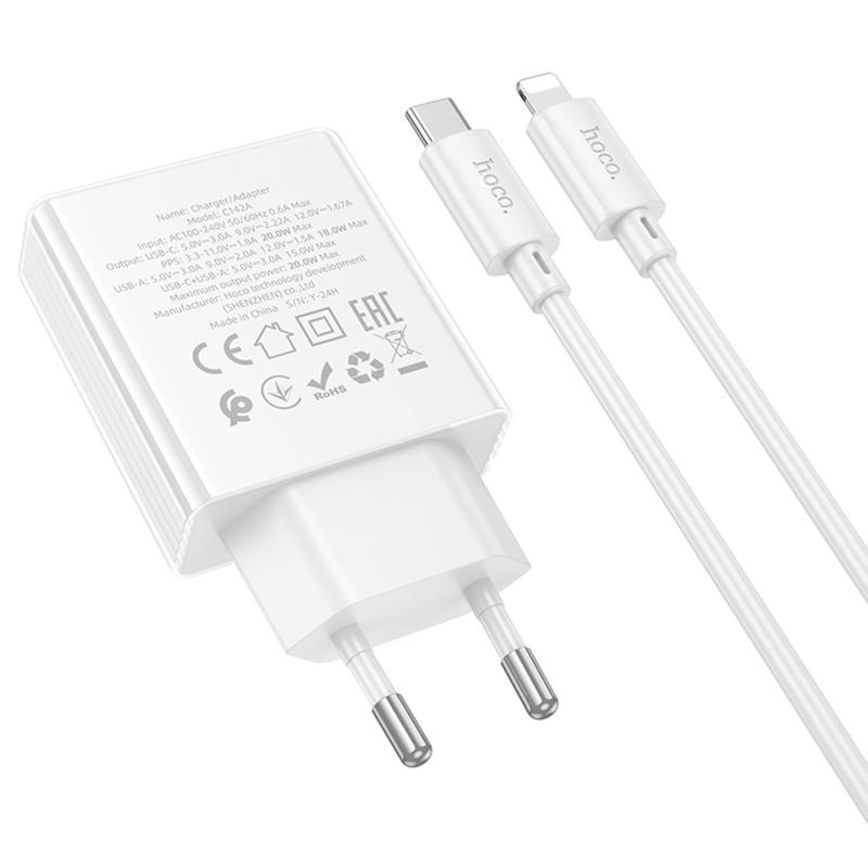 МЗП Hoco C142A Direct PD20W+QC3.0 (1USB-A/1C) + кабель Type-C to Lightning на малюнкі №4