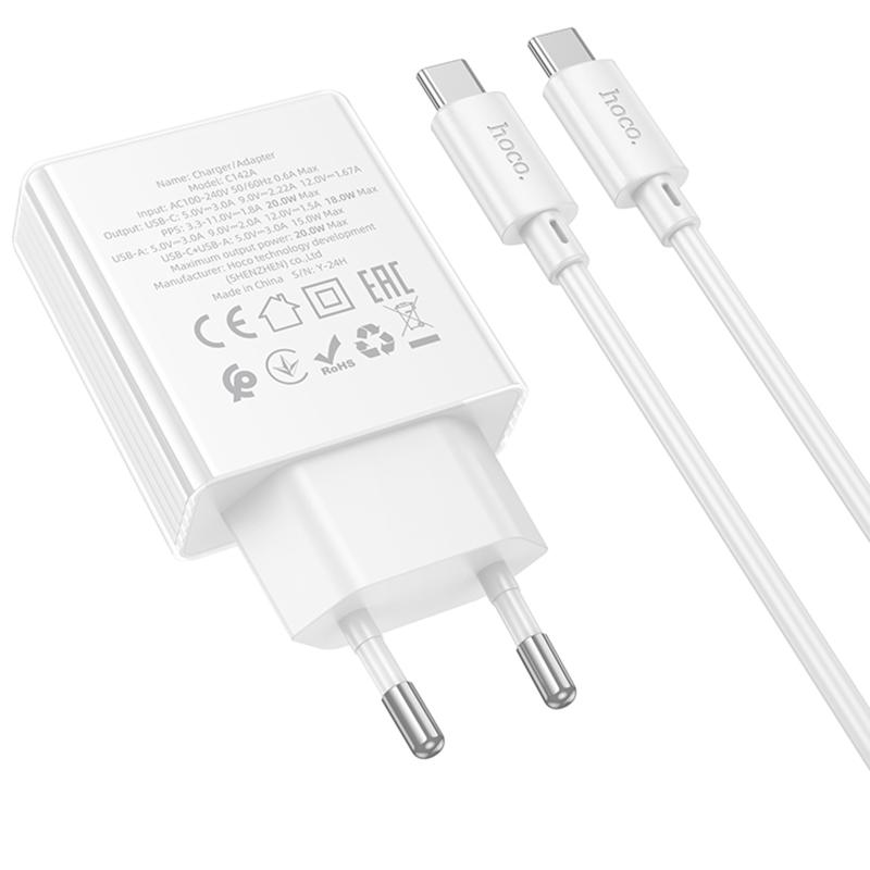 МЗП Hoco C142A Direct PD20W+QC3.0 (1USB-A/1C) + кабель Type-C to Type-C на малюнкі №4