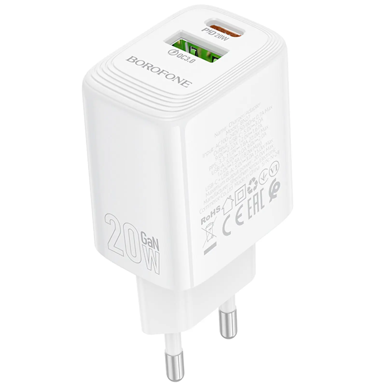 СЗУ Borofone BN27 Fuente PD20W+QC3.0 (1USB-A/1C), White 2, купить оптом с доставкой