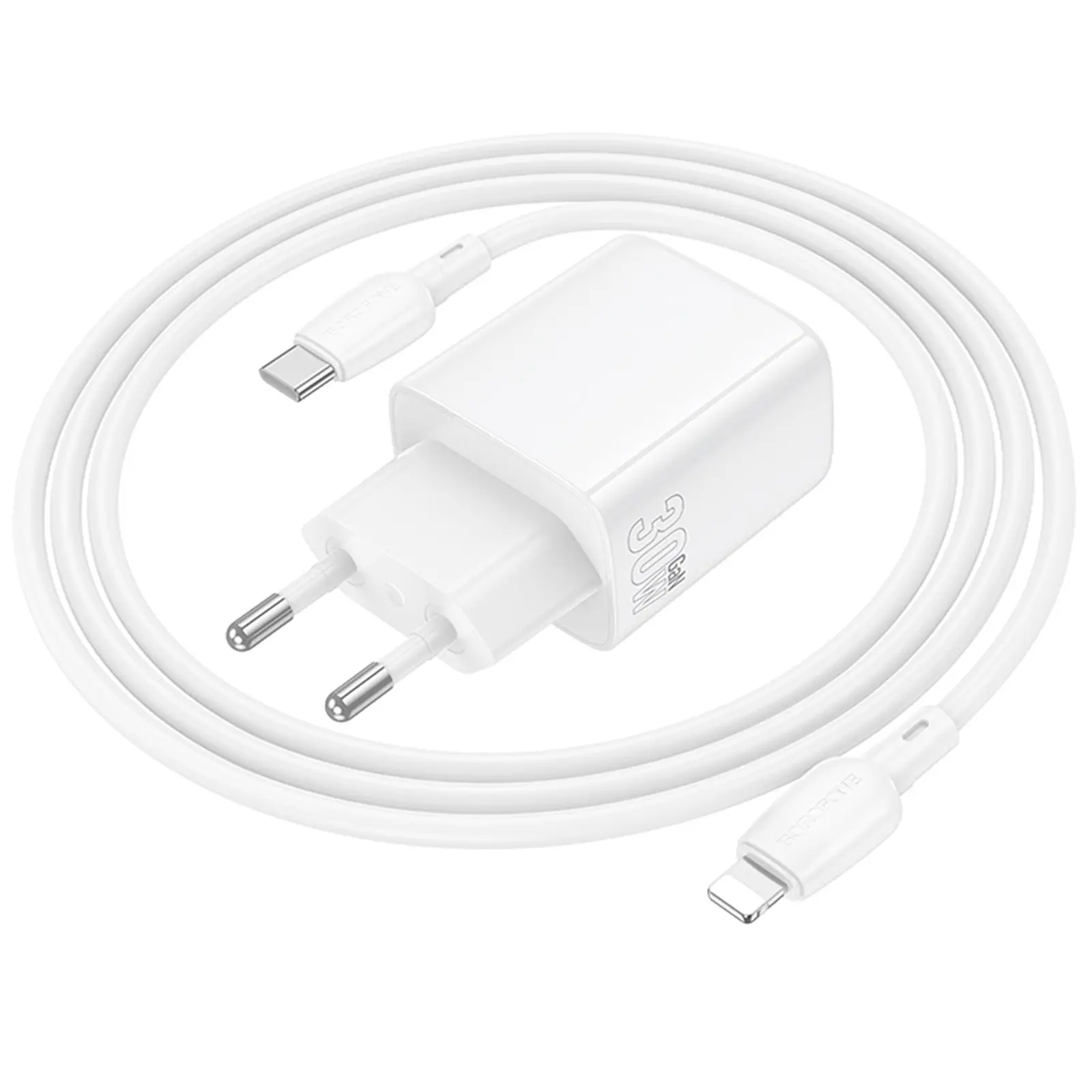 СЗУ Borofone BN29 Fuente PD30W+QC3.0 (1USB-A/1C) + кабель Type-C to Lightning, White 1, купить оптом с доставкой