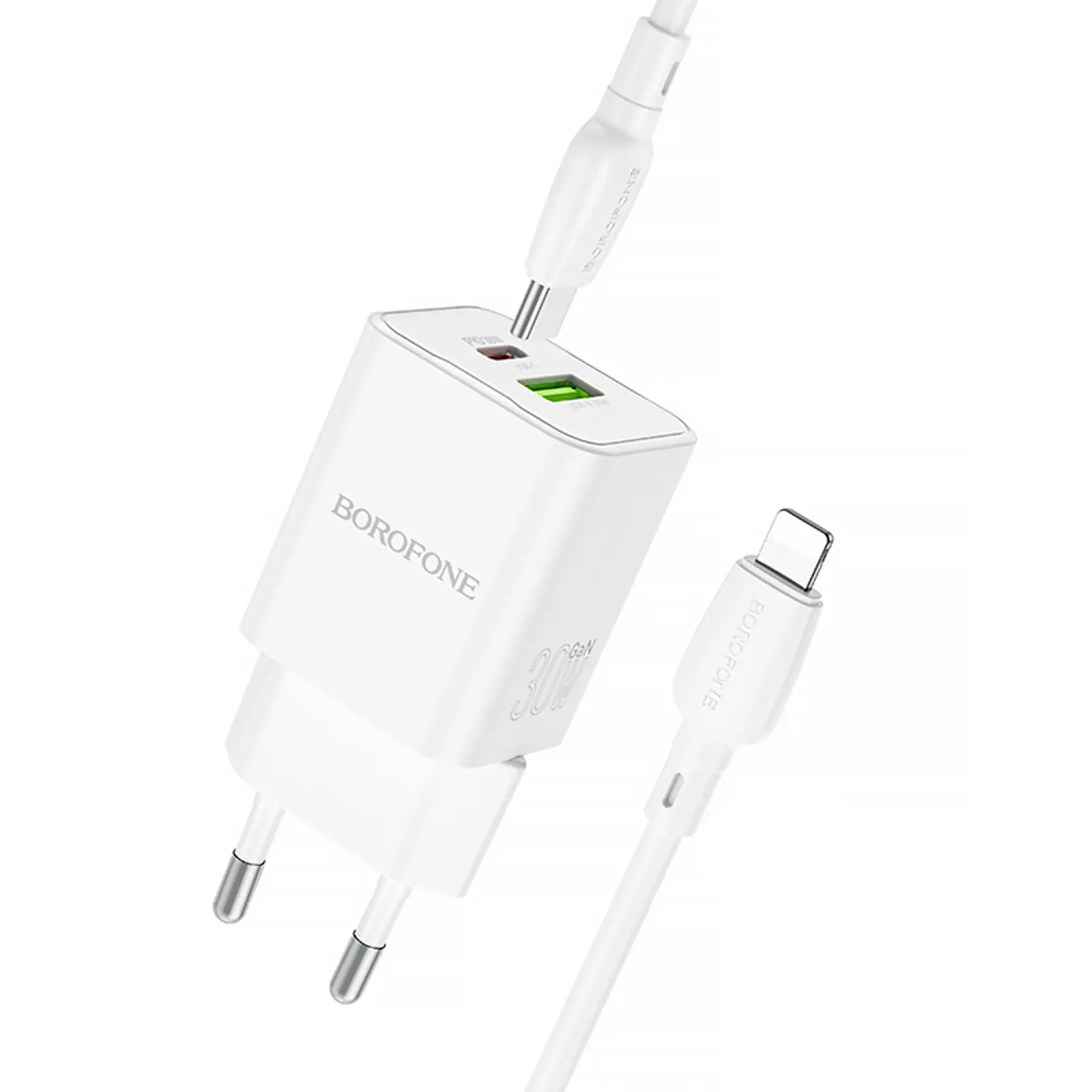 СЗУ Borofone BN14 Royal PD30W+QC3.0 (1USB-A/1C) + кабель Type-C to Lightning, White 1, купить оптом с доставкой