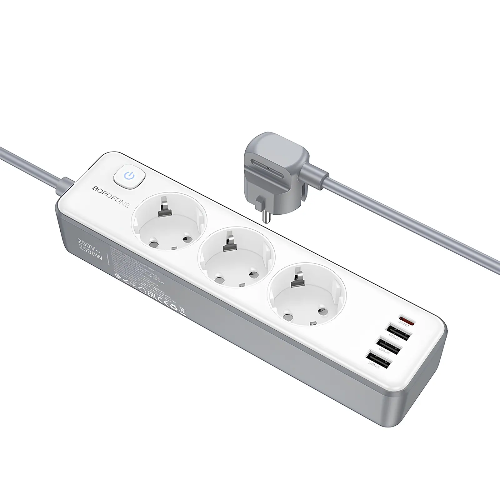 Удлинитель Borofone BAC9 Power PD20W (3USB-A/1C/3xSocket) (2m), White 1, купить оптом с доставкой