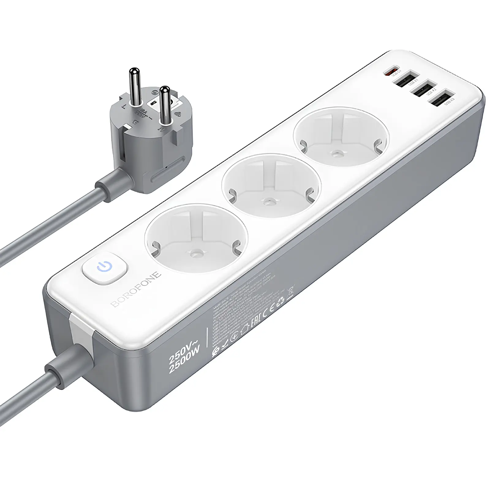 Удлинитель Borofone BAC9 Power PD20W (3USB-A/1C/3xSocket) (2m), White 2, купить оптом с доставкой