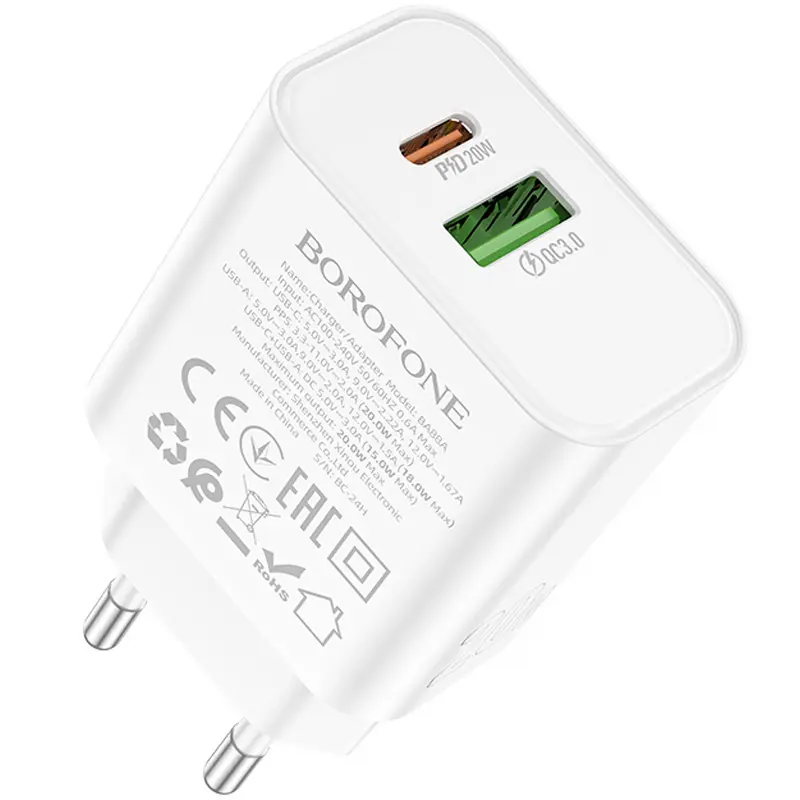 СЗУ Borofone BA88A Navy PD20W+QC3.0 (1USB-A/1C), White 2, купить оптом с доставкой