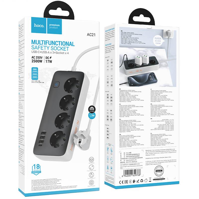 Удлинитель Hoco AC21 Sunlight 4-bit (1C/3A/4xSocket) (1.5m) на картинке №5
