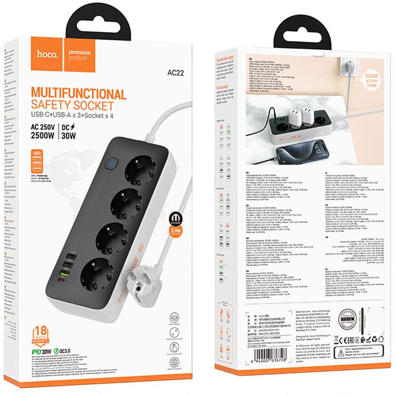 Подовжувач Hoco AC22 Sunlight (PD30W/1C/3A/4xSocket) (3m) на малюнкі №4
