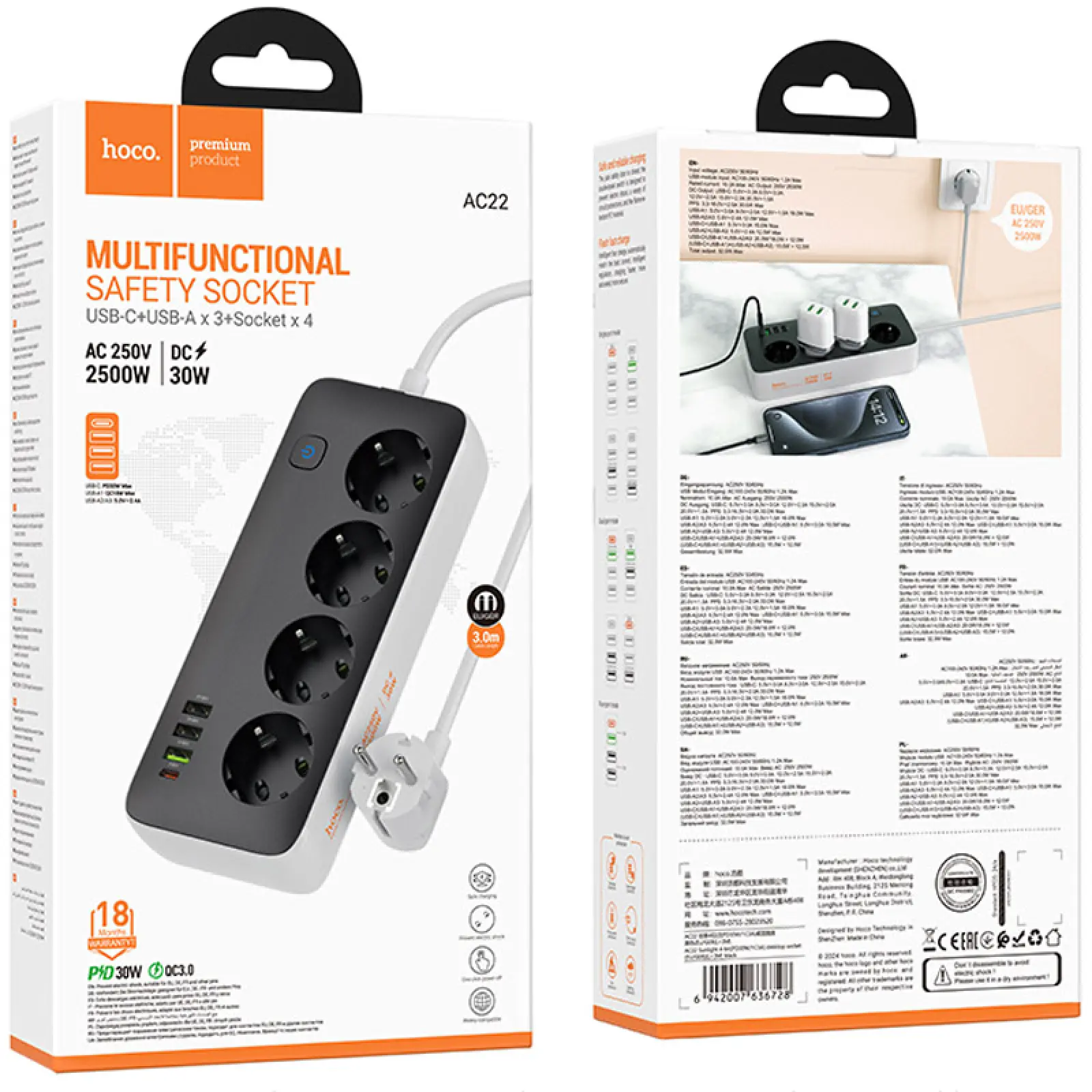 Удлинитель Hoco AC22 Sunlight (PD30W/1C/3A/4xSocket) (3m), Black 3, купить оптом с доставкой