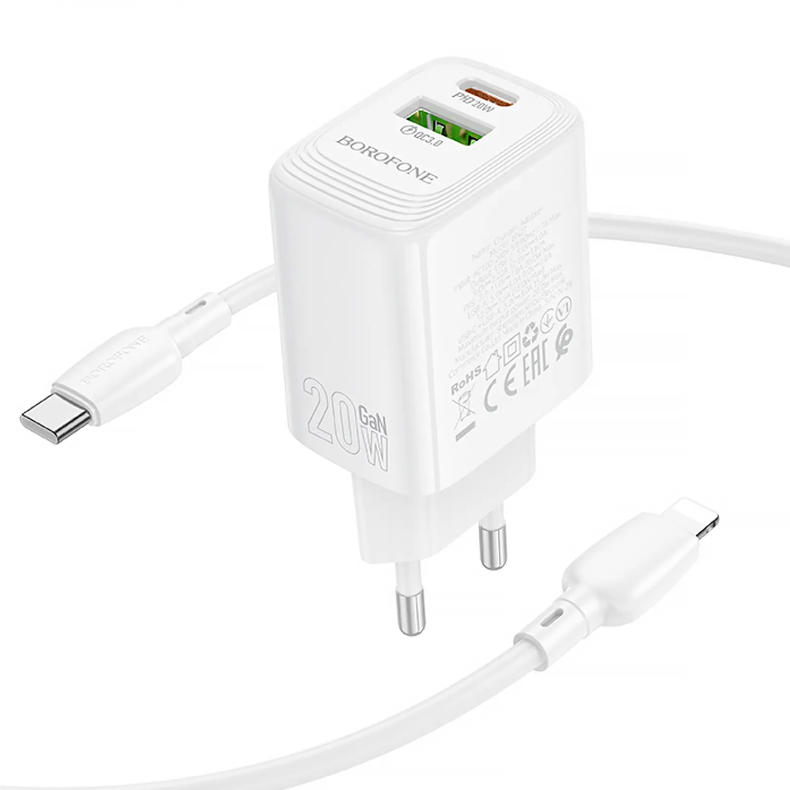 СЗУ Borofone BN27 Fuente PD20W+QC3.0 (1USB-A/1C) + кабель Type-C to Lightning, White 1, купить оптом с доставкой