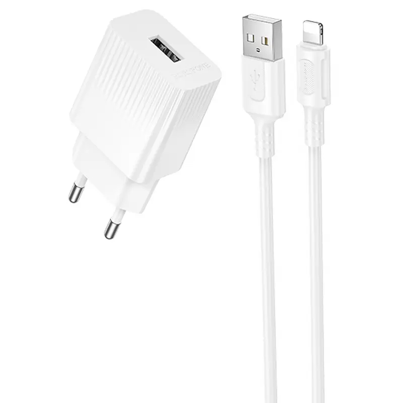 МЗП Borofone BAS71A Source 10.5W (1USB-A) + кабель USB to Lightning, White, купити оптом з доставкою
