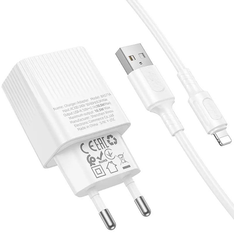 МЗП Borofone BAS71A Source 10.5W (1USB-A) + кабель USB to Lightning, White 3, купити оптом з доставкою