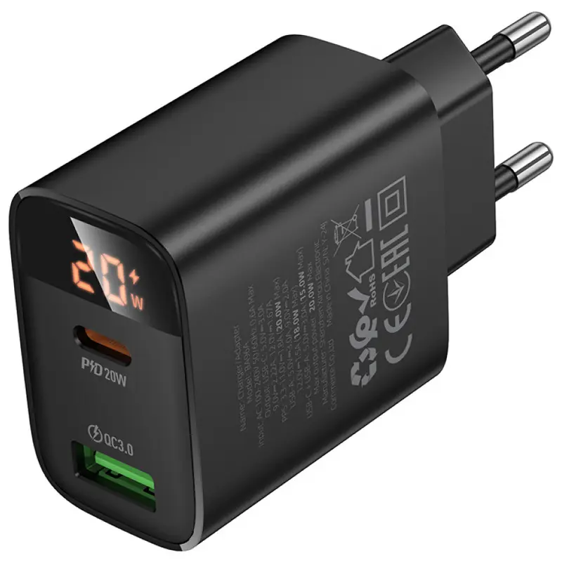 МЗП Borofone BA96A Ilustre with digital display PD20W+QC3.0 (1USB-A/1C), Black 2, купити оптом з доставкою