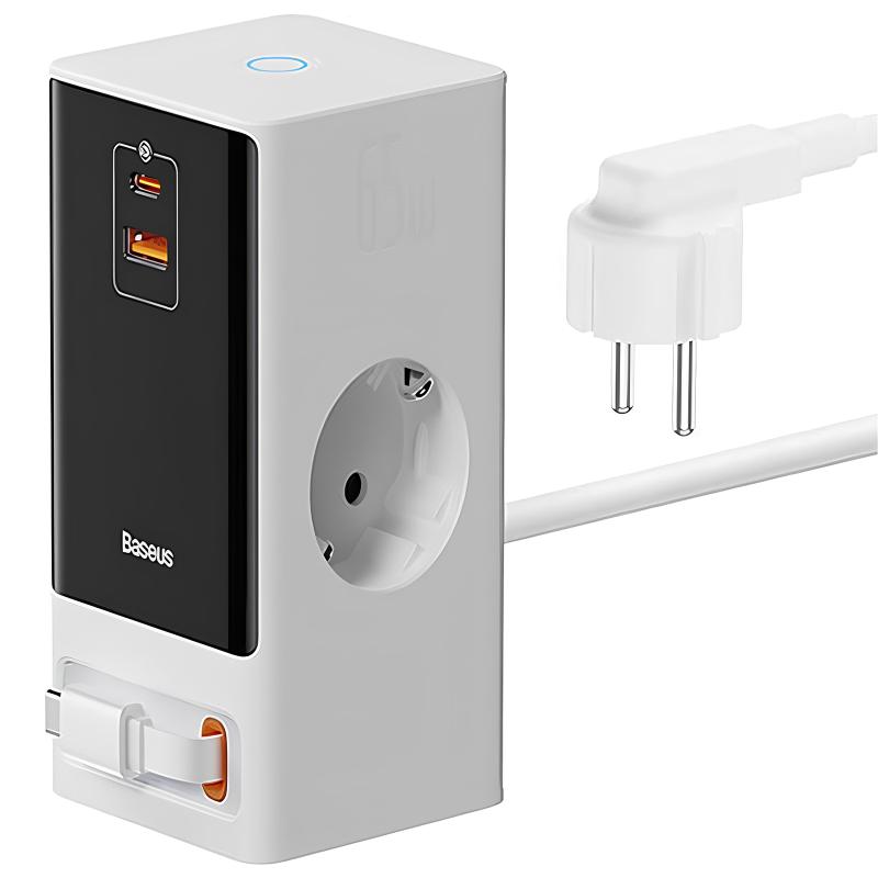 МЗП Baseus OS PowerCombo Digital PowerStrip+Retractable-C 65W (1USB-A/1C/2Socket) (1.5m) (PSLR000) на малюнкі №1