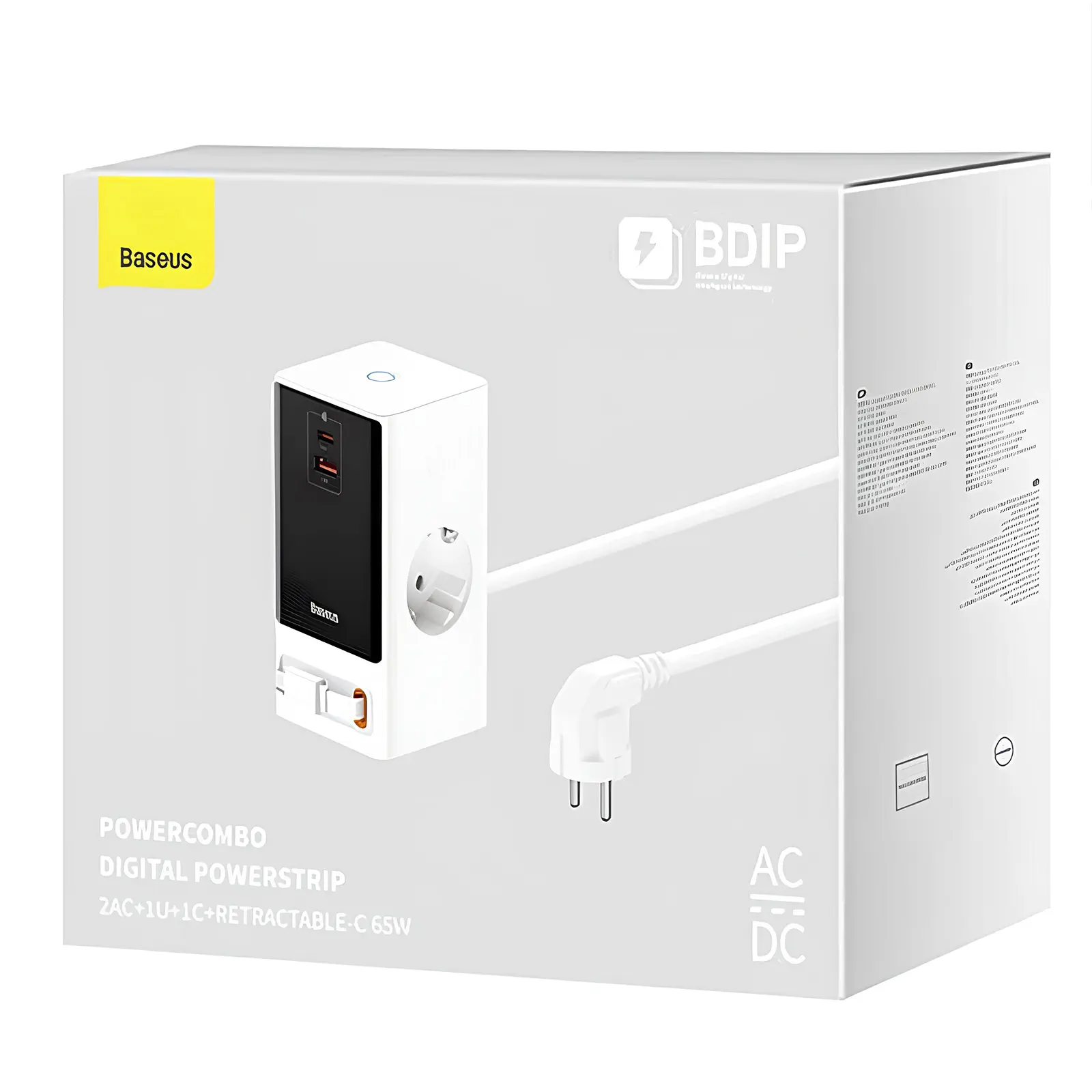 СЗУ Baseus OS PowerCombo Digital PowerStrip+Retractable-C 65W (1USB-A/1C/2Socket) (1.5m) (PSLR000), Glacier White 4, купить оптом с доставкой