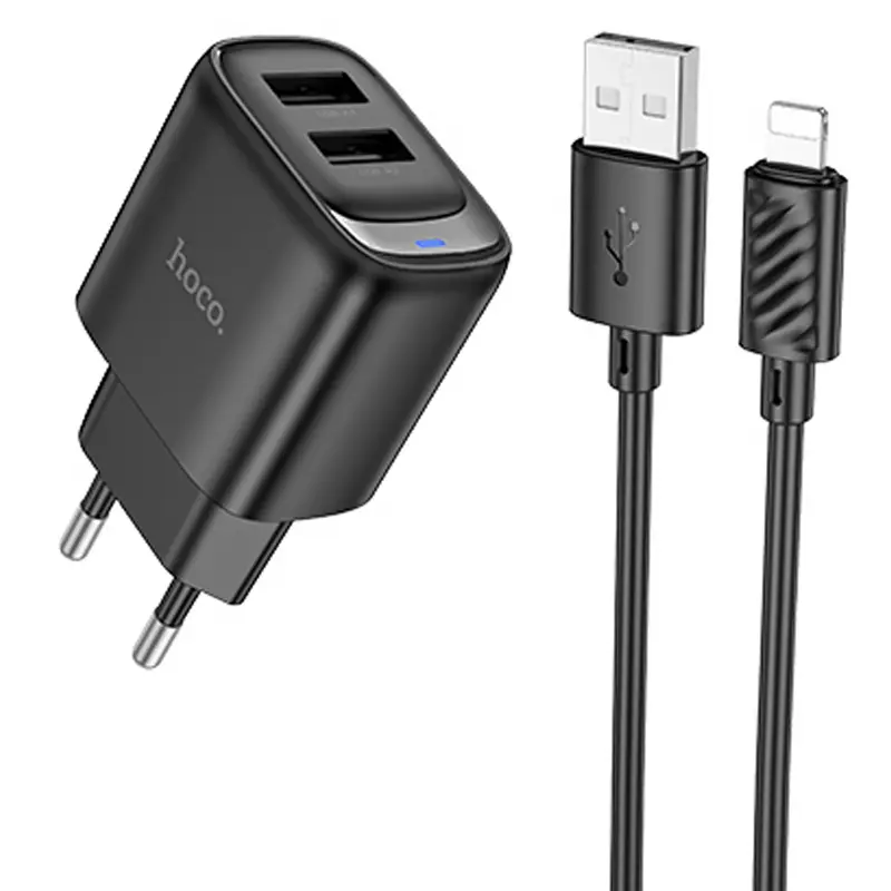 МЗП Hoco C141A Smart 2.1A (2USB-A) + кабель USB to Lightning, Black, купити оптом з доставкою