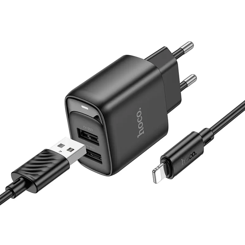 МЗП Hoco C141A Smart 2.1A (2USB-A) + кабель USB to Lightning, Black 1, купити оптом з доставкою