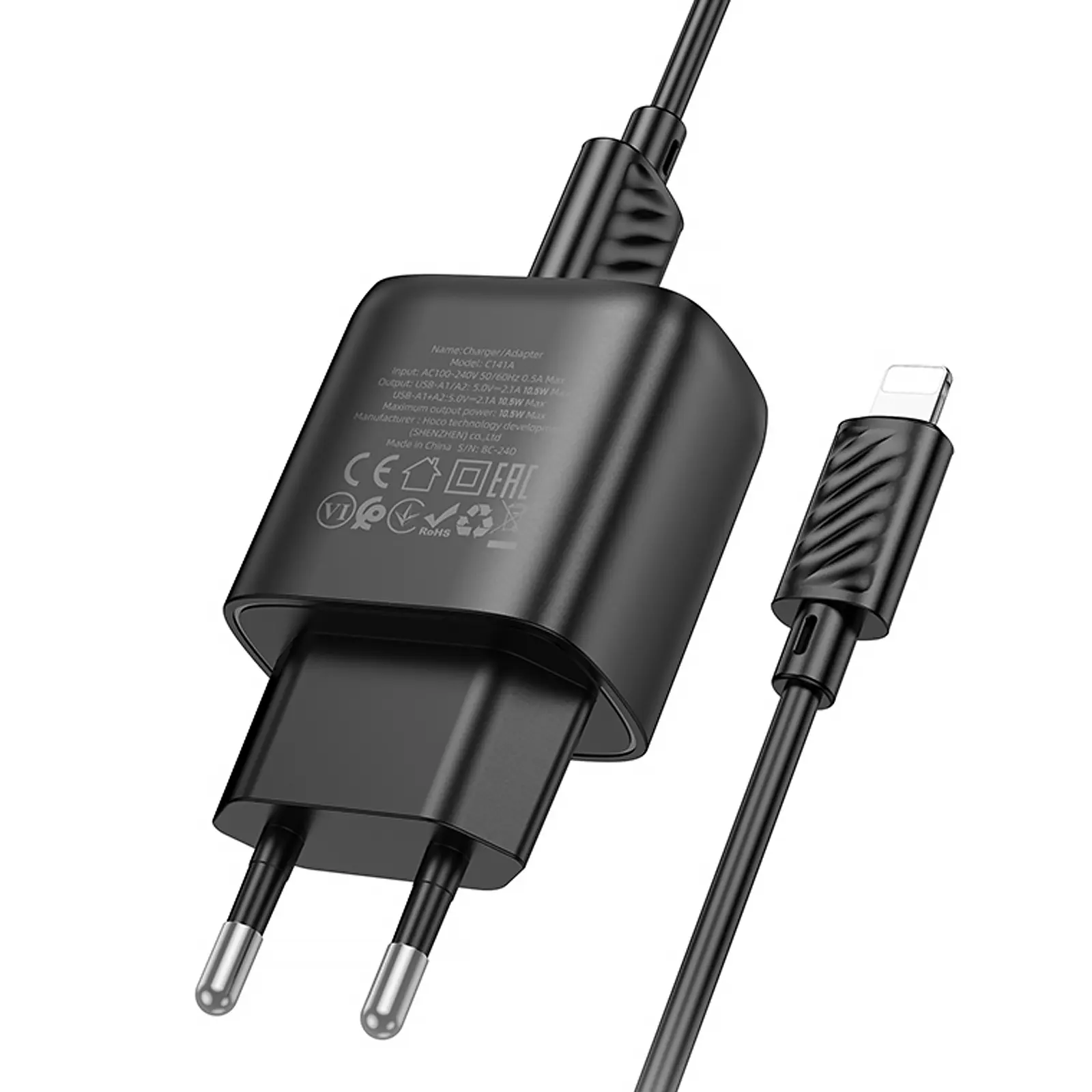 МЗП Hoco C141A Smart 2.1A (2USB-A) + кабель USB to Lightning, Black 3, купити оптом з доставкою