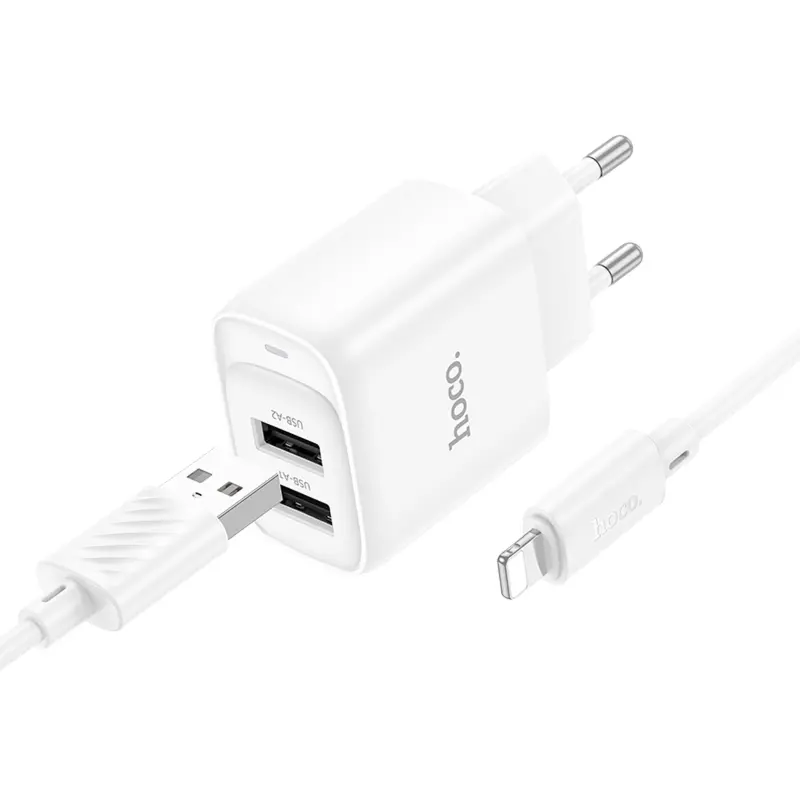 СЗУ Hoco C141A Smart 2.1A (2USB-A) + кабель USB to Lightning, White 2, купить оптом с доставкой