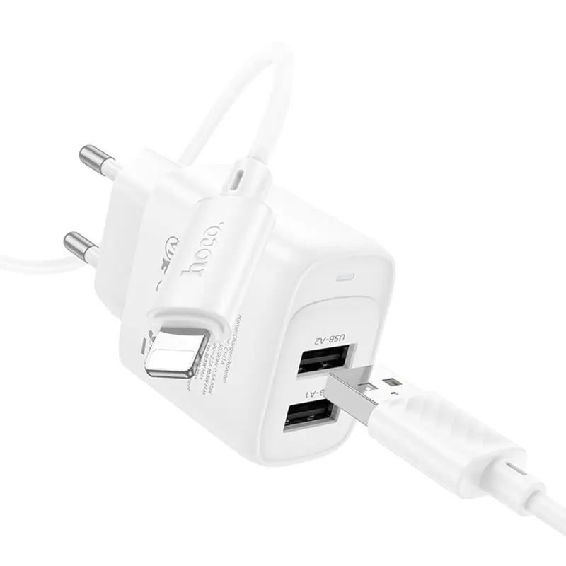 СЗУ Hoco C141A Smart 2.1A (2USB-A) + кабель USB to Lightning, White 3, купить оптом с доставкой