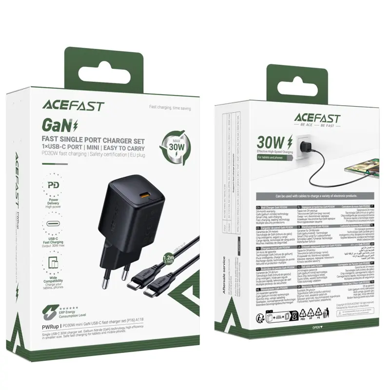 СЗУ Acefast A118 PD30W GaN (1USB-C) + кабель Type-C to Type-C, Black 2, купить оптом с доставкой