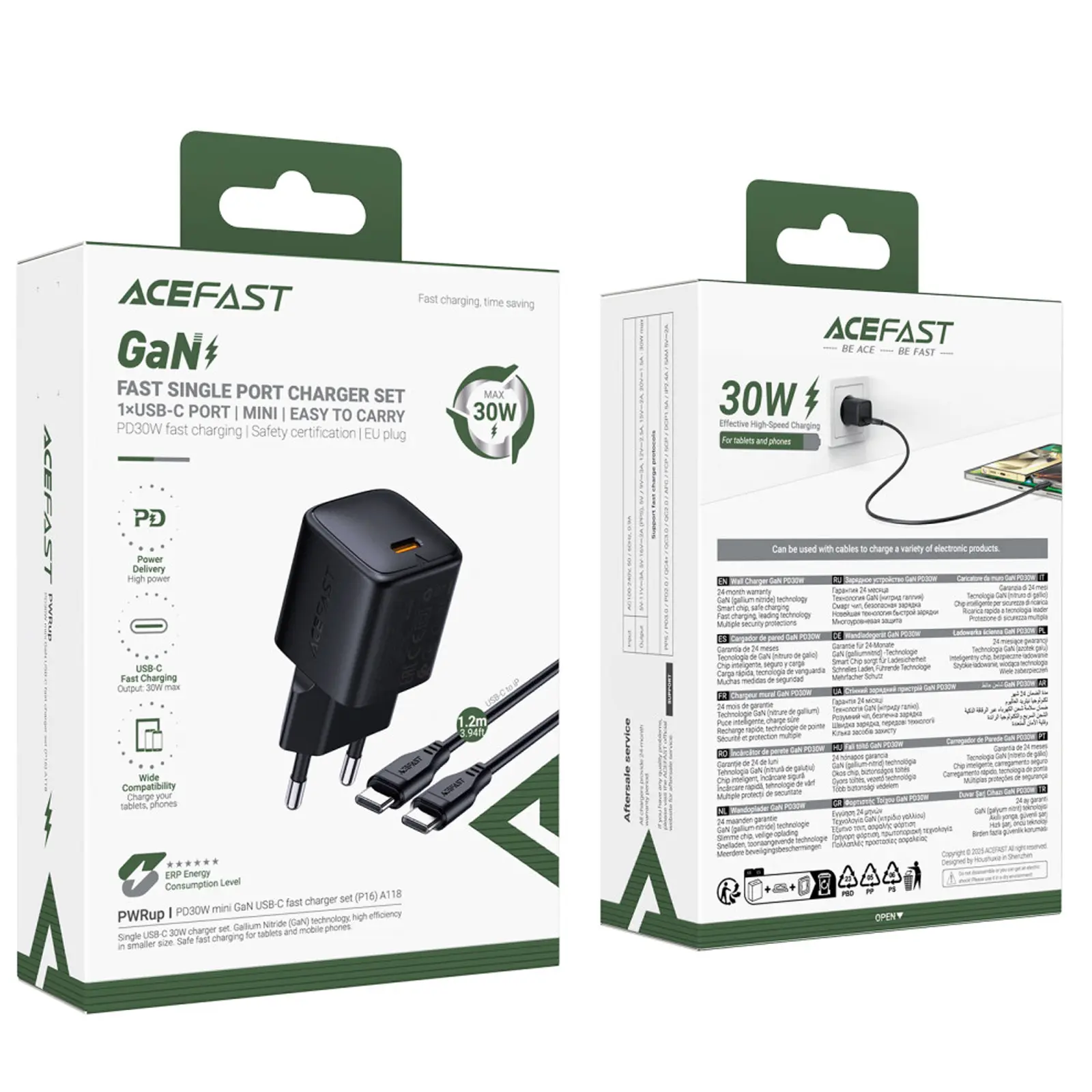 СЗУ Acefast A118 PD30W GaN (1USB-C) + кабель Type-C to Type-C, Black 2, купить оптом с доставкой