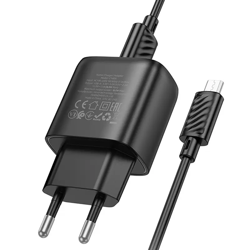 СЗУ Hoco C140A Smart QC3.0 18W (1USB-A) + кабель USB to MicroUSB, Black 3, купить оптом с доставкой