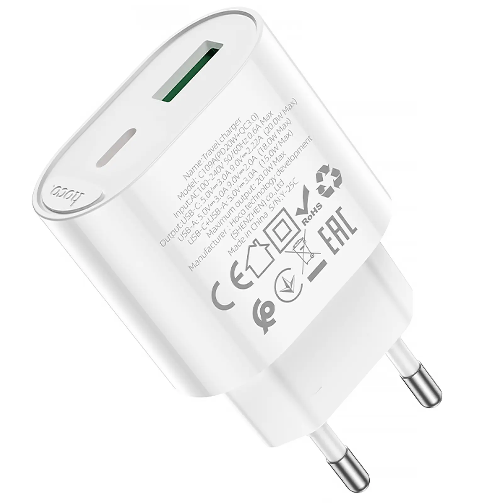 СЗУ Hoco C109A Fighter PD20W+QC3.0 (1USB-A/1C), White 5, купить оптом с доставкой