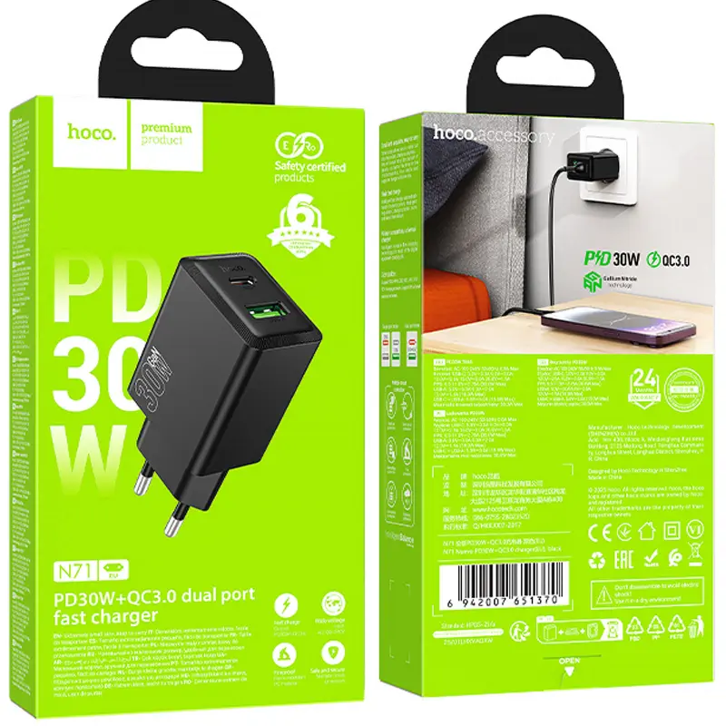 СЗУ Hoco N71 Nuevo PD30W+QC3.0 (1USB-A/1C), Black 4, купить оптом с доставкой