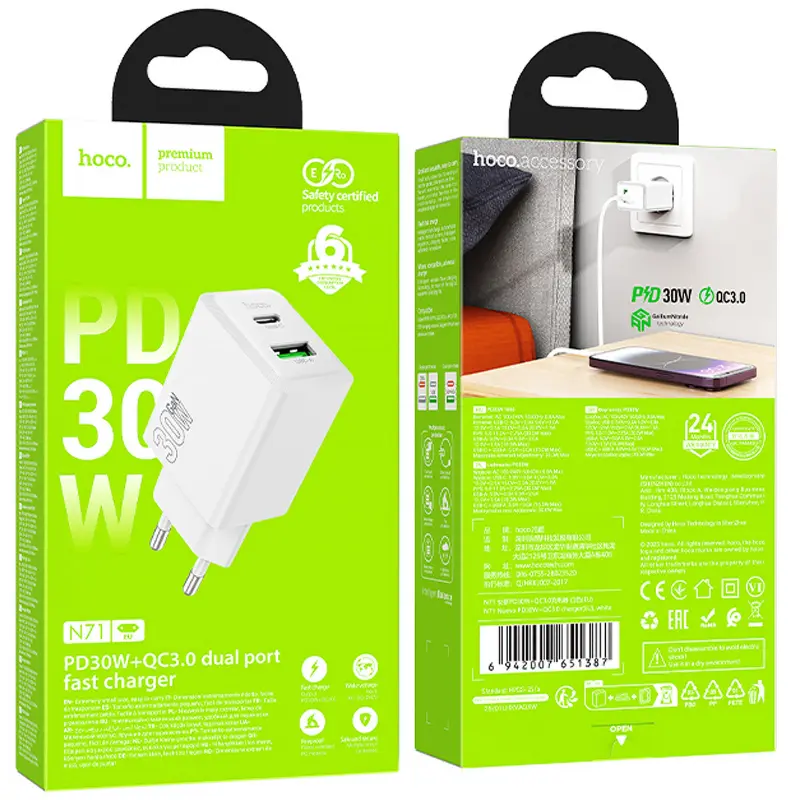 СЗУ Hoco N71 Nuevo PD30W+QC3.0 (1USB-A/1C), White 1, купить оптом с доставкой