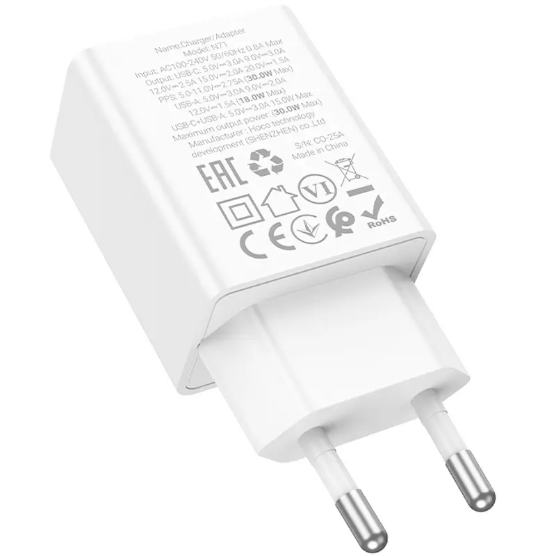 СЗУ Hoco N71 Nuevo PD30W+QC3.0 (1USB-A/1C), White 3, купить оптом с доставкой
