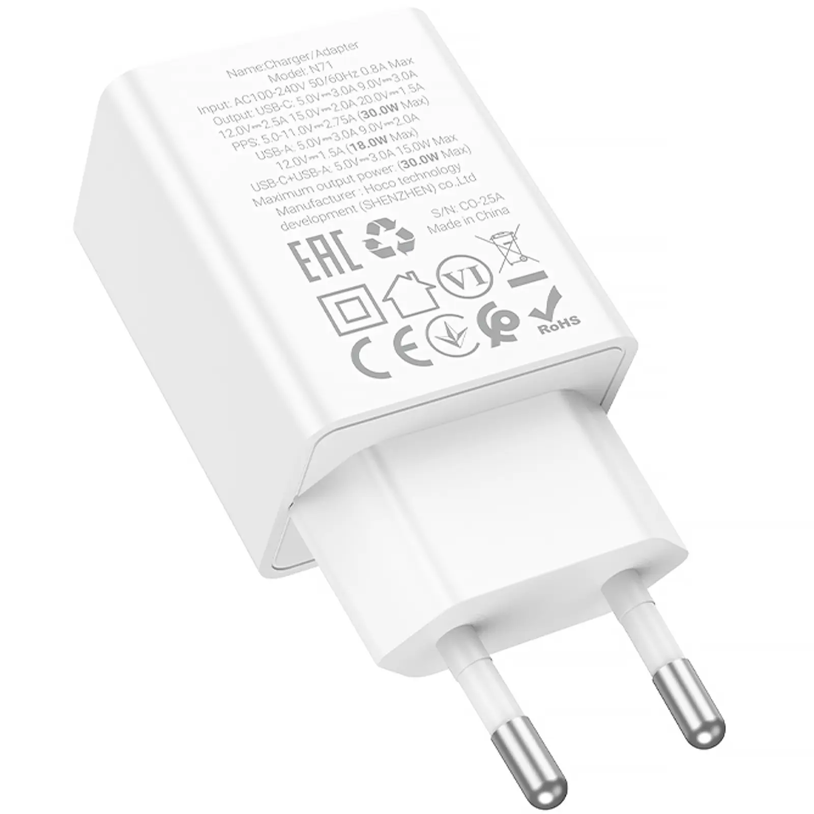 СЗУ Hoco N71 Nuevo PD30W+QC3.0 (1USB-A/1C), White 3, купить оптом с доставкой