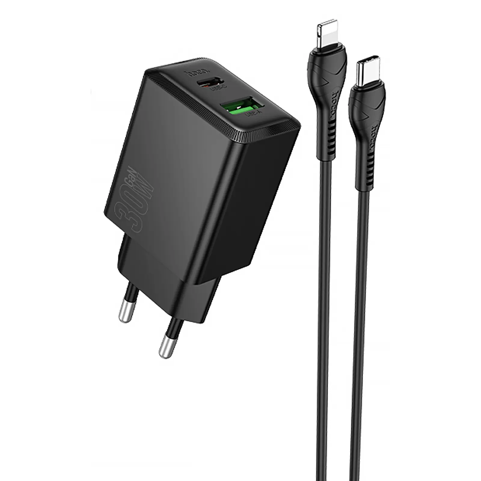 СЗУ Hoco N71 Nuevo PD30W+QC3.0 (1USB-A/1C) + кабель Type-C to Lightning, Black, купить оптом с доставкой