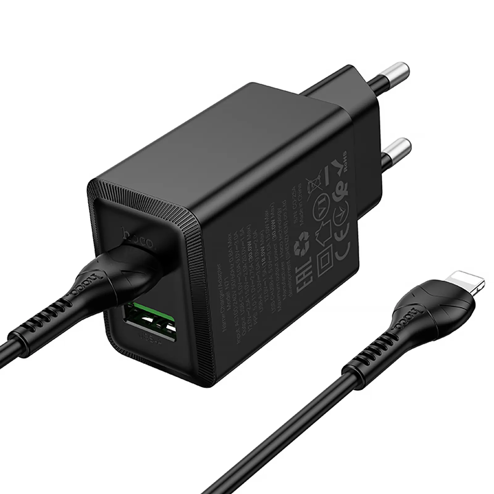 СЗУ Hoco N71 Nuevo PD30W+QC3.0 (1USB-A/1C) + кабель Type-C to Lightning, Black 3, купить оптом с доставкой